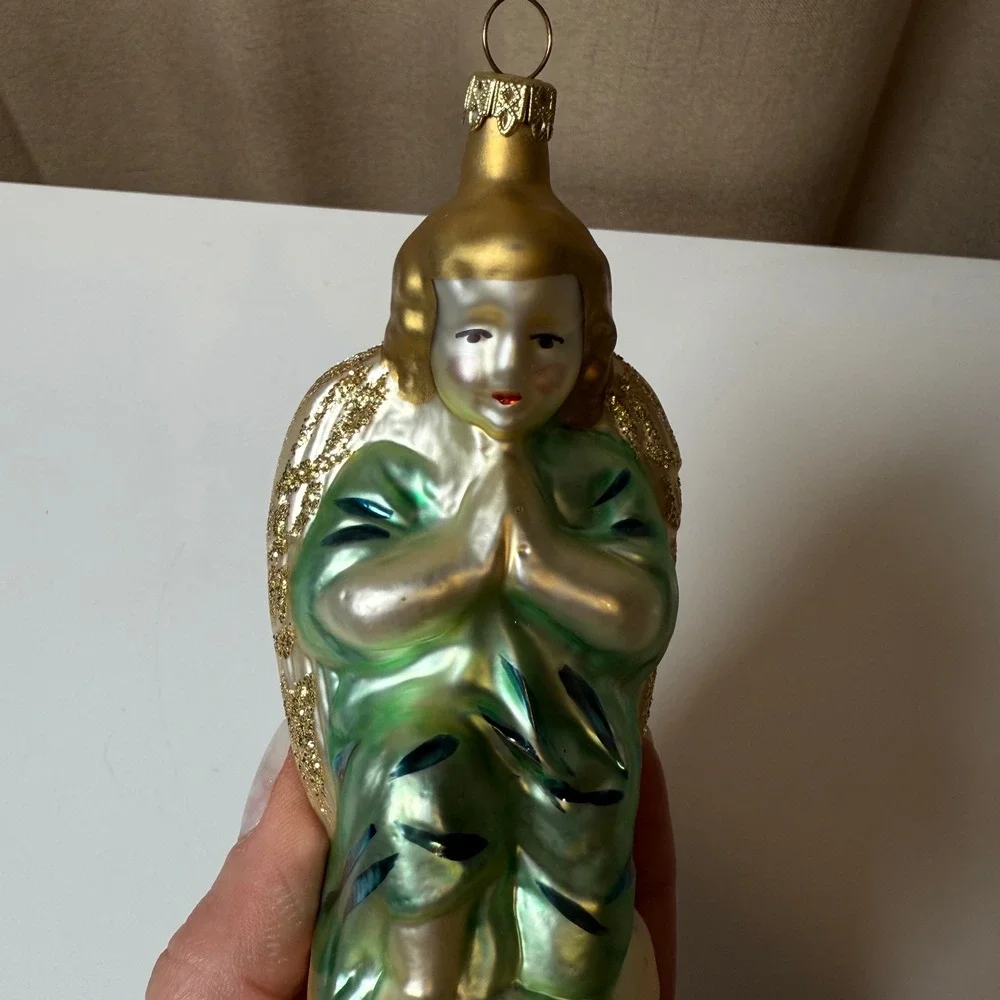 Praying Angel Glass Christmas Ornament Gold Green‎ Glitter Wings Vintage Style